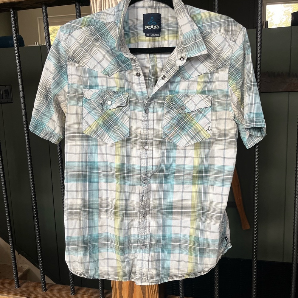 Prana Men's Casual Pearl Snap Plaid Shirt in Blue, Green, and Gray